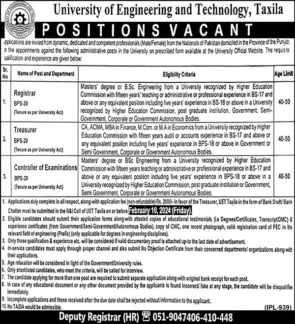 Univeristy of Engineering And Technology Taxila Jobs 2024 – University of Engineering and Technology Taxila Jobs 2024 — original advertisement