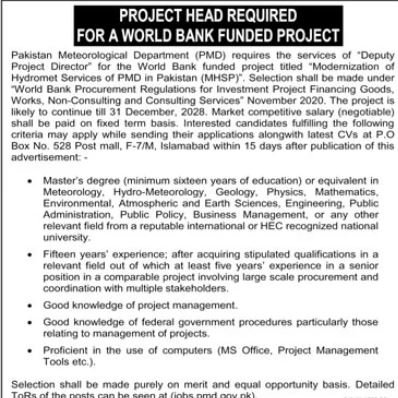 Pakistan Meterological Department PMD Islamabad Jobs 2024 – Pakistan Meteorological Department Jobs 2024 — original advertisement