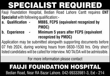 Fauji Foundation Hospital Lahore Jobs 2024 – Fauji Foundation Rawalpindi Jobs 2024 — original advertisement