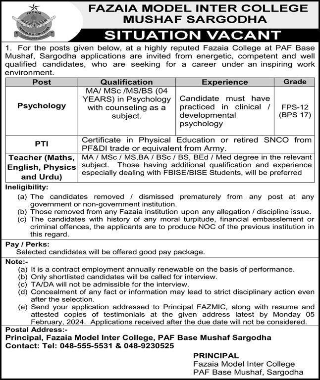 Fazaia Model Inter College Sargodha Punjab Jobs 2024 – Fazaia Schools & Colleges Jobs 2024 — original advertisement