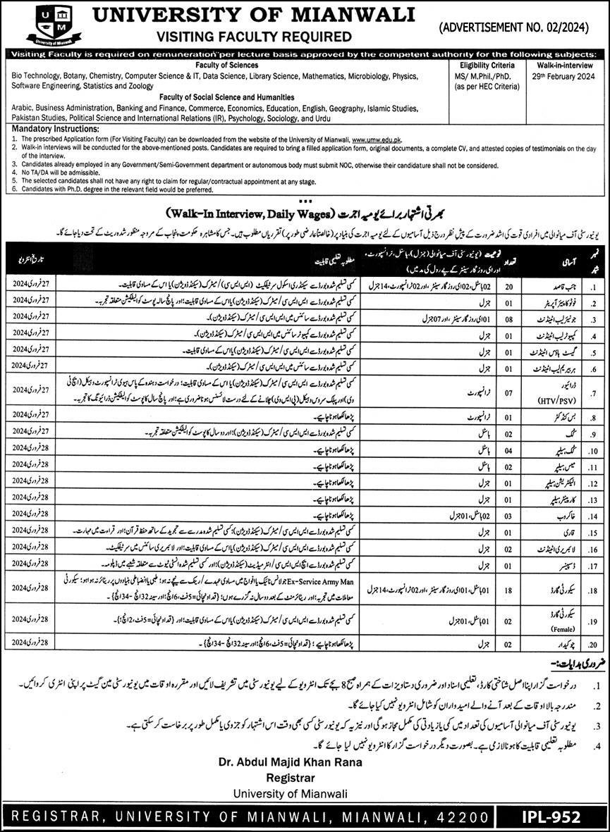 University of Mianwali Punjab Jobs 2024 Jobs 2024 — original advertisement