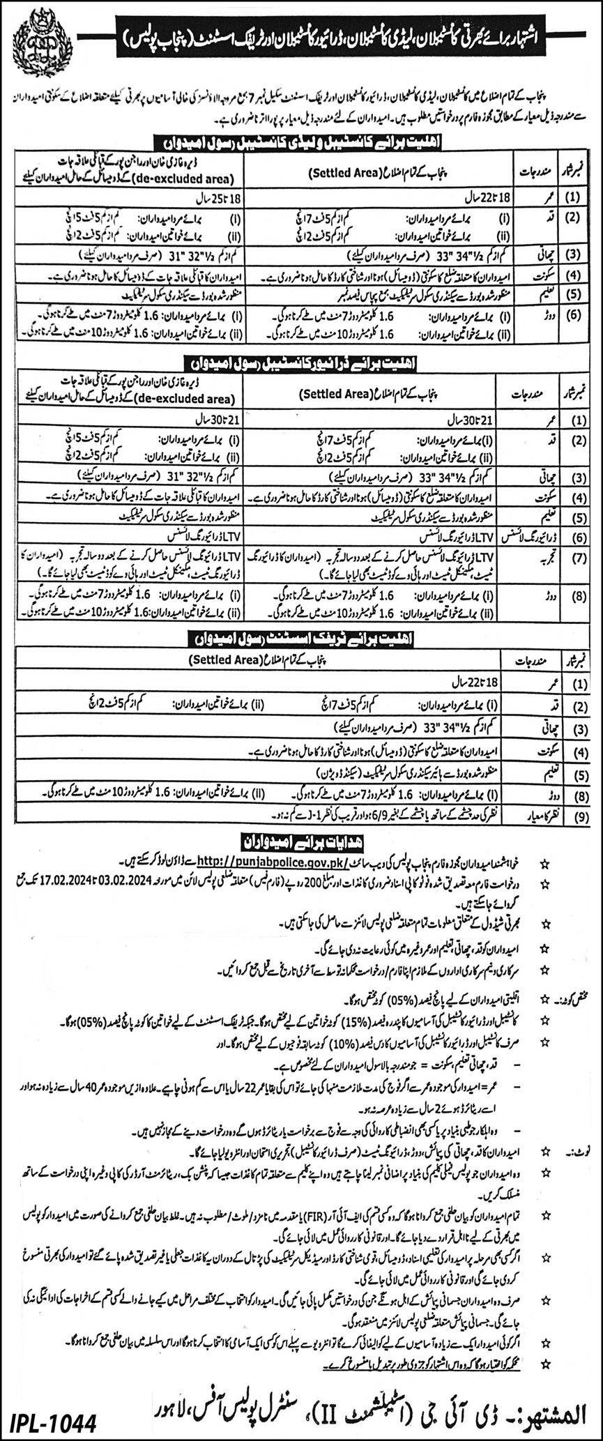 Punjab Police Jobs 2024 Constable, Traffic Assistant Driver Jobs 2024 — original advertisement