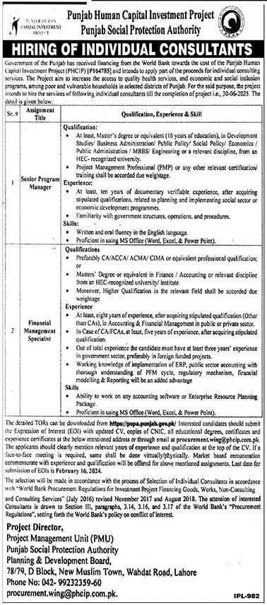Punjab Social Protection Authority PSPA Lahore Jobs 2024 Jobs 2024 — original advertisement