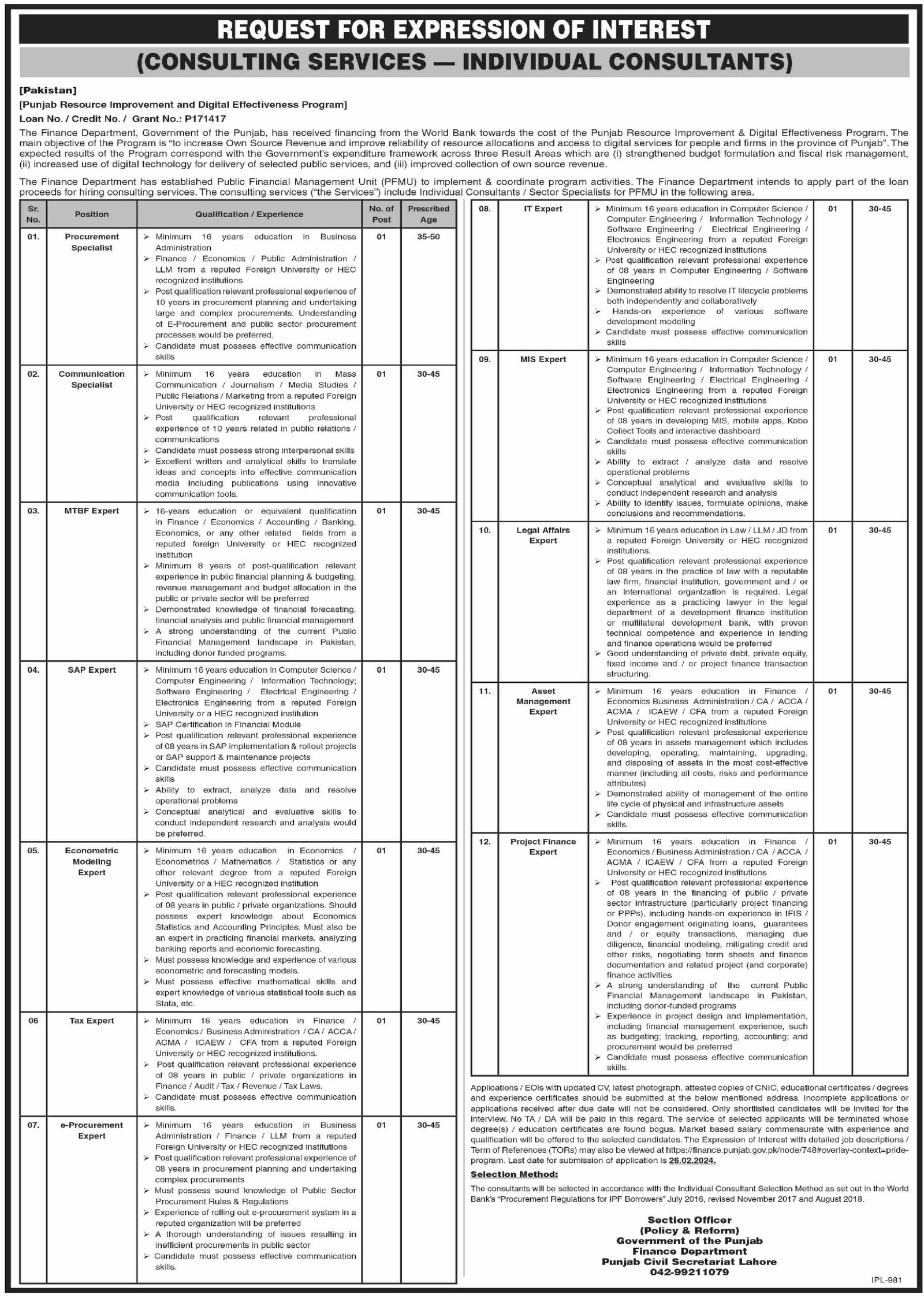 Finance Department Punjab Jobs 2024 Jobs 2024 — original advertisement
