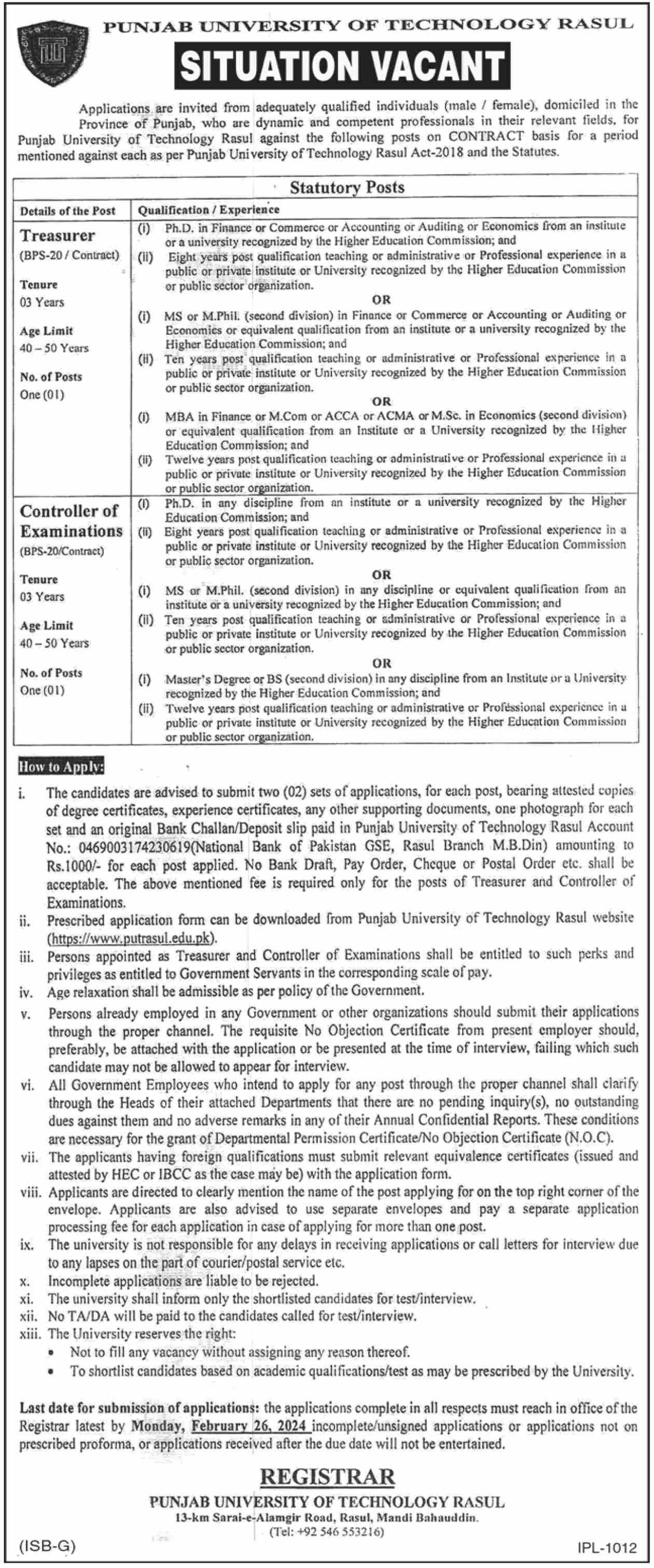 Punjab University of Technology Rasul Mandi Bahauddin Jobs – Punjab University of Technology Rasul District Mandi Bahaudin Jobs 2024 — original advertisement