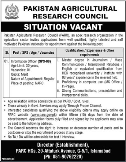 Pakistan Agricultural Research Council Islamabad Jobs 2024 Jobs 2024 — original advertisement
