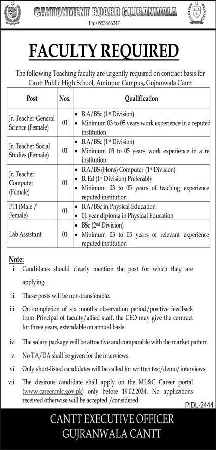 Cantt Public High School Aminpur Campus Punjab Jobs 2024 – Cantonment Board Jobs 2024 — original advertisement
