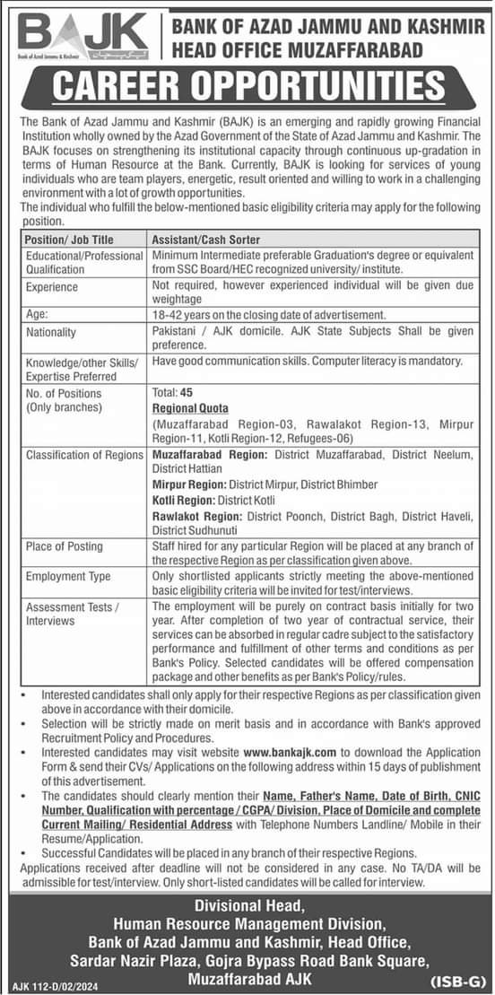 Bank of azad Jammu and Kashmir Jobs 2024 – Bank of Azad Jammu & Kashmir Jobs 2024 — original advertisement