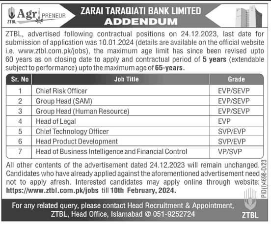 Zarai taraqatie Bank limited Islamabad Jobs 2024 – Zarai Taraqiati Bank Limited Jobs 2024 — original advertisement