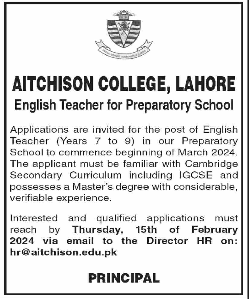 Aitchison College Lahore Punjab Jobs 2024 Jobs 2024 — original advertisement
