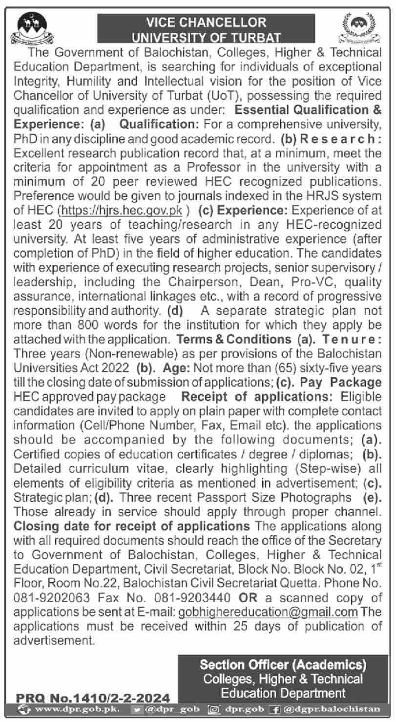 University Of Turbat Balochistan Jobs 2024 Jobs 2024 — original advertisement