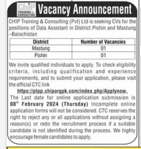 Chip Training & Consulting Pvt Ltd Mastung & Pishin Job 2024 – Chip Training Consulting Pvt Ltd Jobs 2024 — original advertisement
