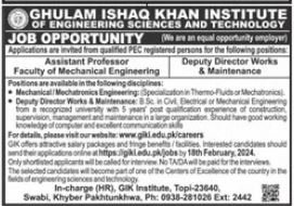 Ghulam Ishaq Khan Institute of Engineering Sciences Job 2024 – Ghulam Ishaq Khan GIK Institute of Engineering Sciences and Technology Swabi Jobs 2024 — original advertisement