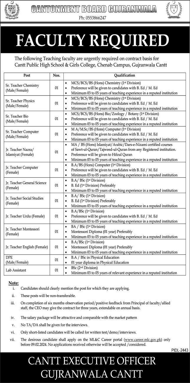 Cantt Public High School & Girls College Chenab Campus Jobs – Cantonment Board Jobs 2024 — original advertisement