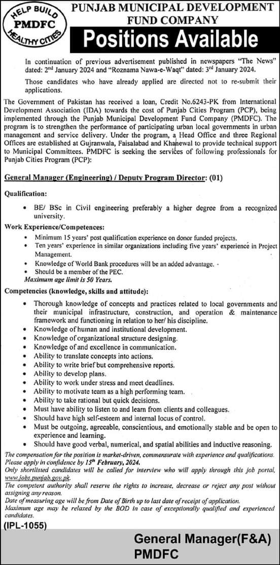 Punjab Municipal Development Fund Company Pmdfc Jobs 2024 Jobs 2024 — original advertisement