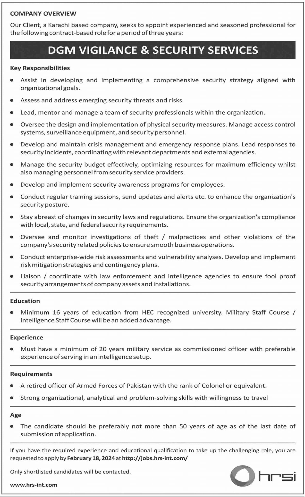 Human Resource Solution International HRSI Jobs 2024 – HRSG People and Business karachi Jobs 2024 — original advertisement