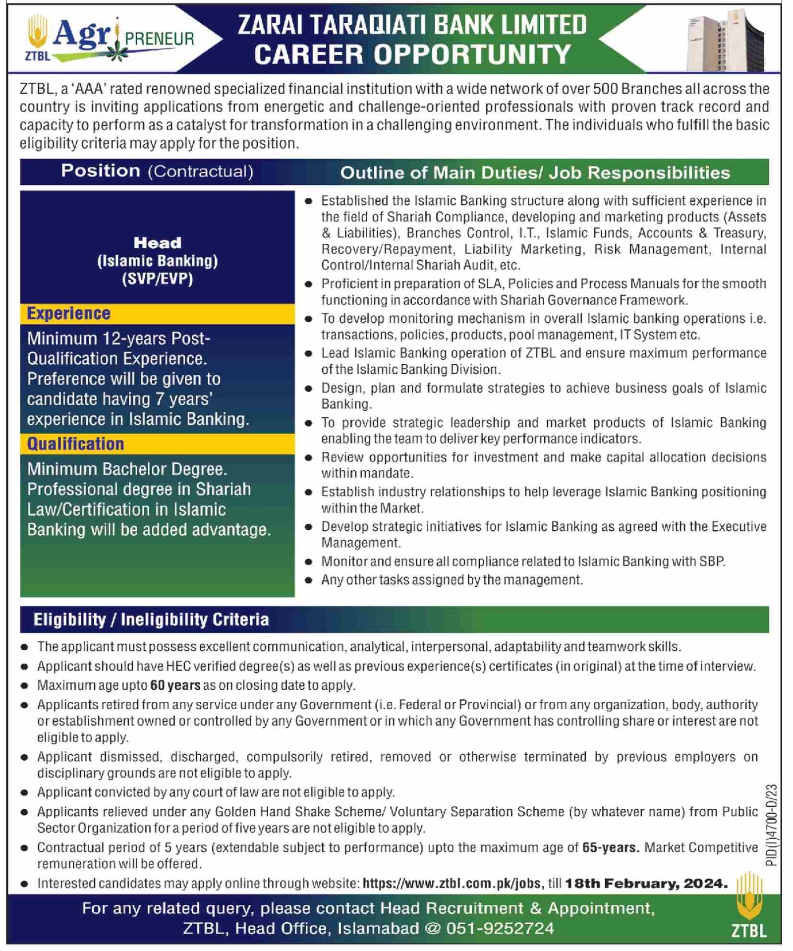 Zarai Taraqiati Bank Limited ZTBL Jobs 2024 Jobs 2024 — original advertisement