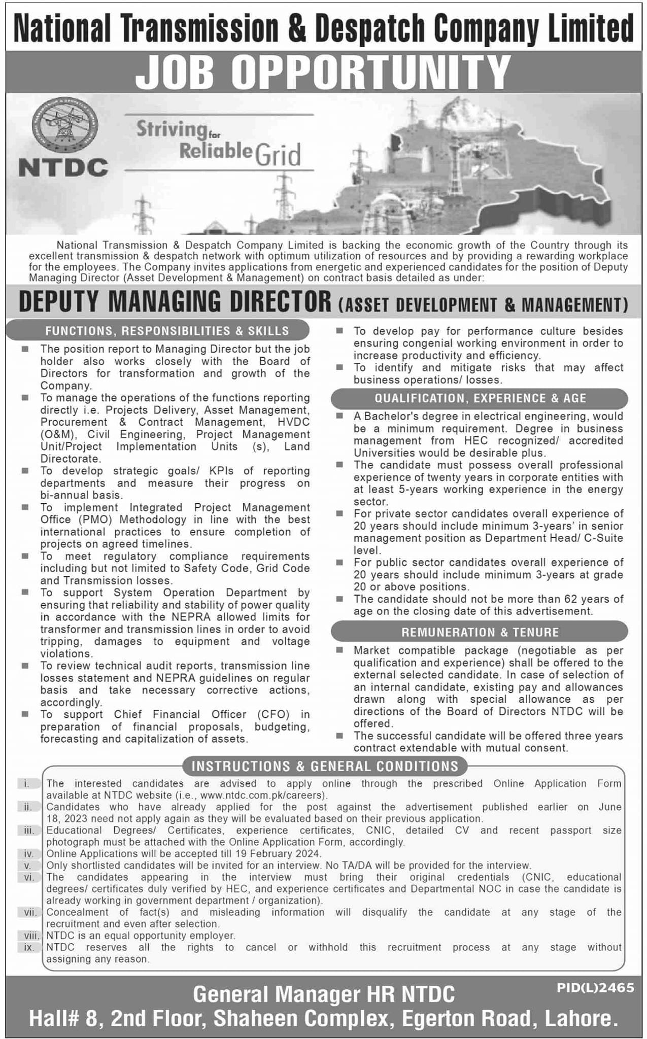 National Transmission & Despatch Company NTDC Lahore Job Jobs 2024 — original advertisement