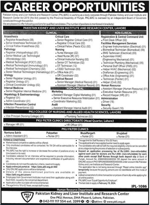 Pakistan Kidney & Liver Institute & Research Centre Job 2024 – Pakistan Kidney And Liver Institute (PKLI) And Research Centre Lahore Jobs 2024 — original advertisement