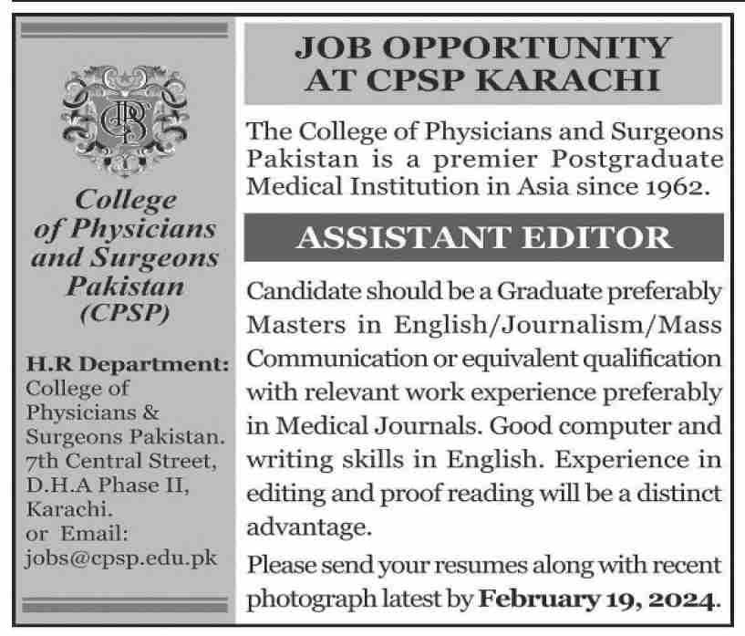 College of Physician and Surgeons Pakistan CPSP Karachi Jobs – College of Physicians and Surgeons Pakistan Jobs 2024 — original advertisement