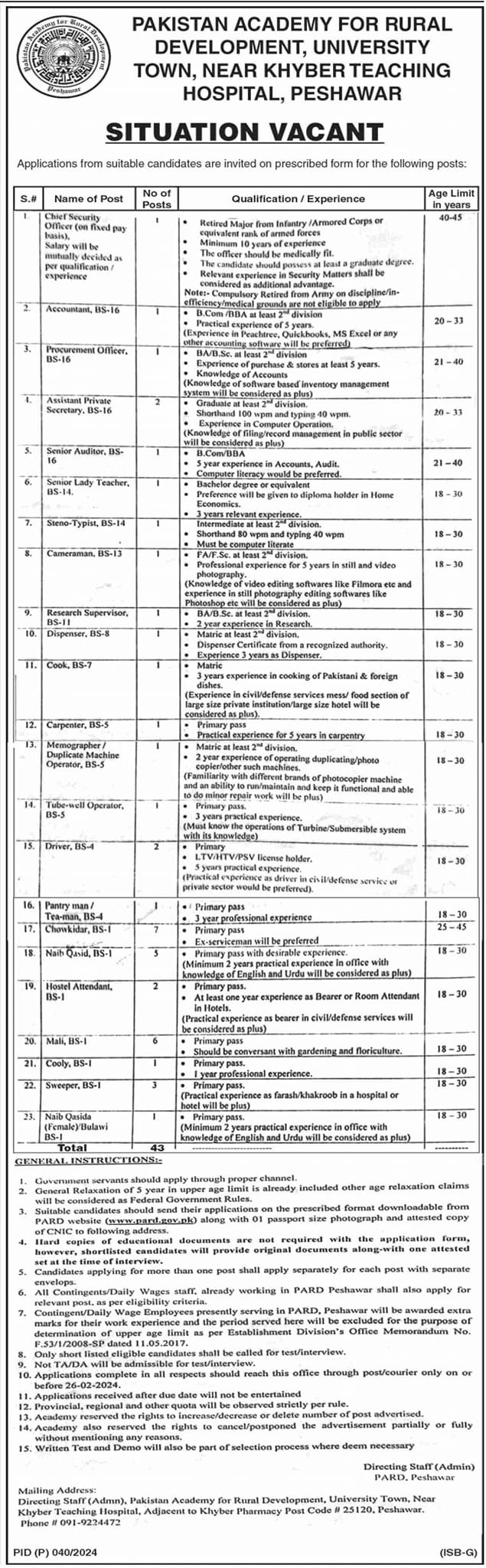 Pakistan Academy For Rural Development Peshawar Jobs 2024 – Pakistan Academy of Sciences Islamabad Jobs 2024 — original advertisement