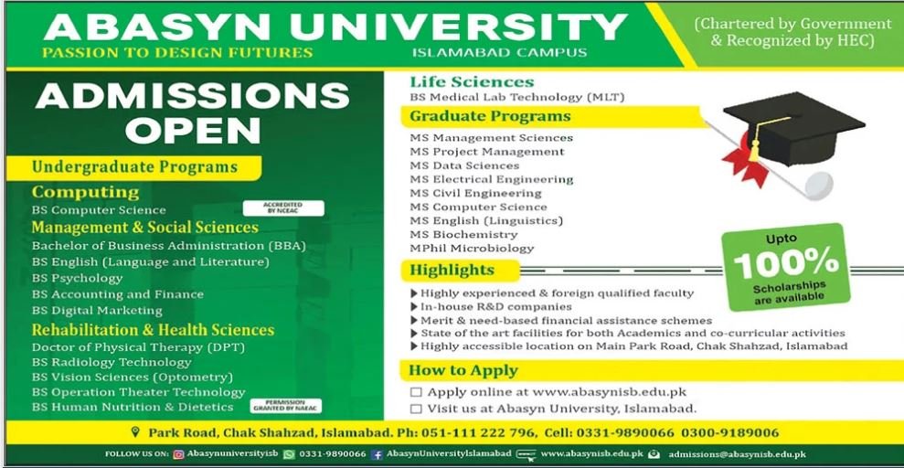Admissions open in Abasyn University Islamabad 2024 – Abasyn University Peshawar Admissions 2024 — original advertisement