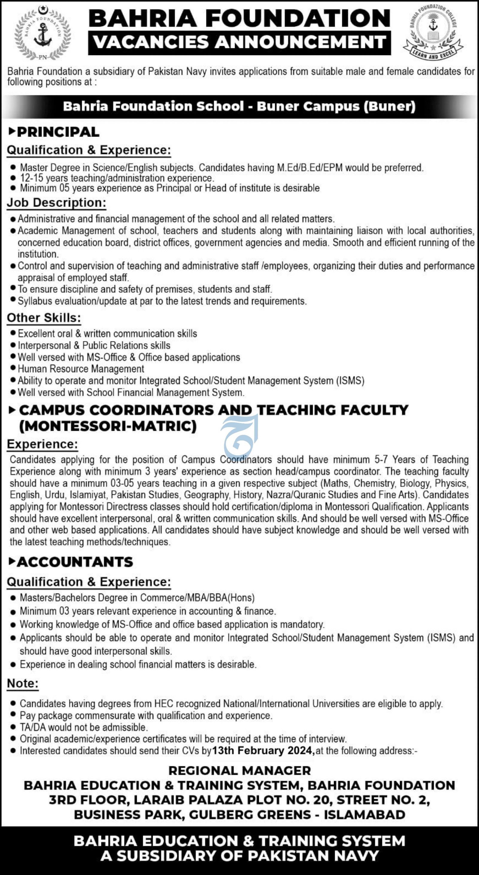 Bahria Founation Islamabd Jobs 2024 – Bahria Foundation Jobs 2024 — original advertisement