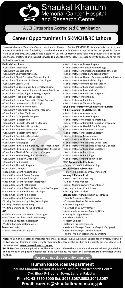 Shaukat Khanum Hospital Lahore Punjab Jobs 2024 – Shaukat Khanum Memorial Cancer Hospital and Research Centre Jobs 2024 — original advertisement