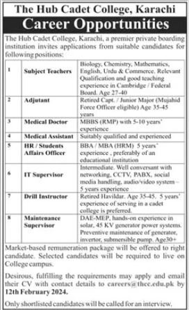 The Hub Cadet College Karachi Jobs 2024 Jobs 2024 — original advertisement