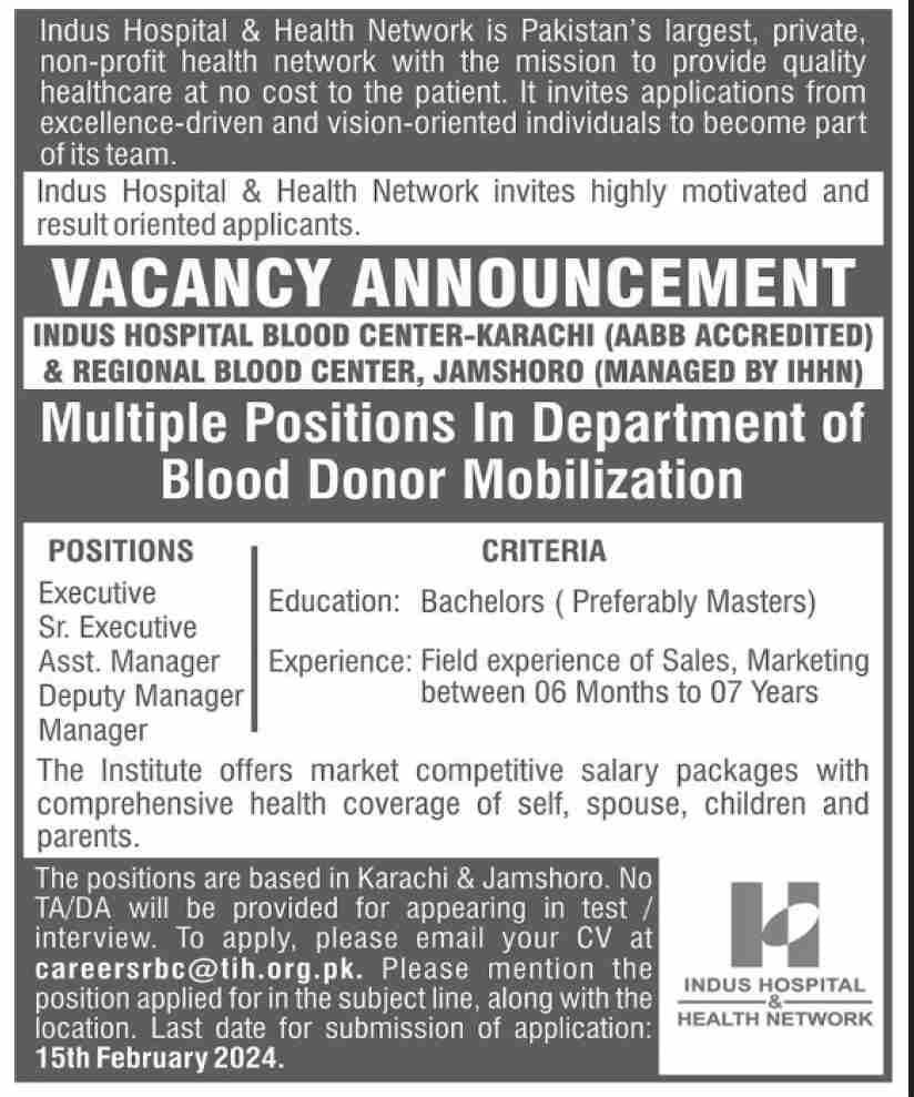 Indus Hospital & Health Network Karachi Jobs  2024 Jobs 2024 — original advertisement