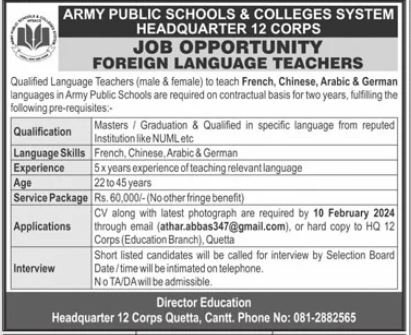Army Public School And College 12 Corps Quetta Jobs 2024 – Army Public School & College Paksitan Jobs 2024 — original advertisement