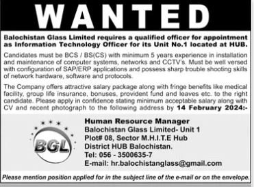 Balochistan Glass Limited BGL Jobs 2024 Jobs 2024 — original advertisement