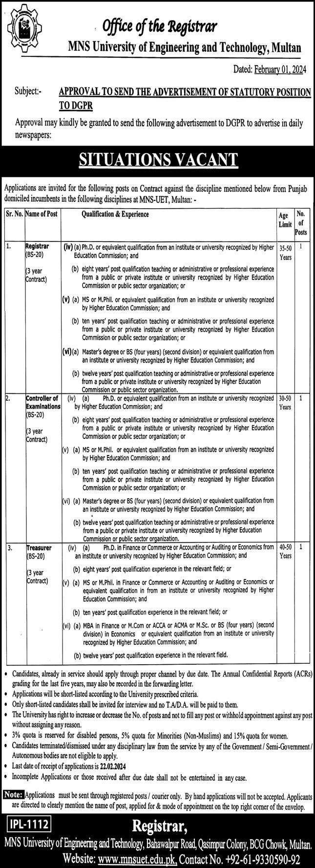 Mns University of Agriculture Mltan Jobs 2024 – MNS-University of Agriculture, Multan. Jobs 2024 — original advertisement