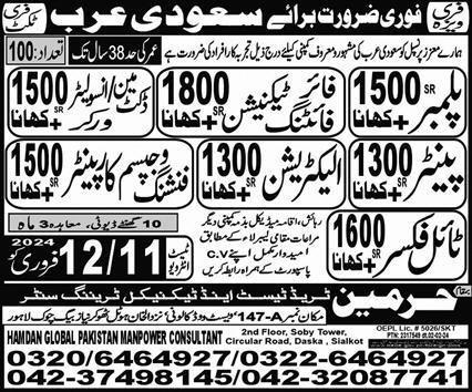 Plumber And Electrician Jobs 2024 In Saudia Arabia – Harmain Trade Test & Technical Training Center Jobs 2024 — original advertisement