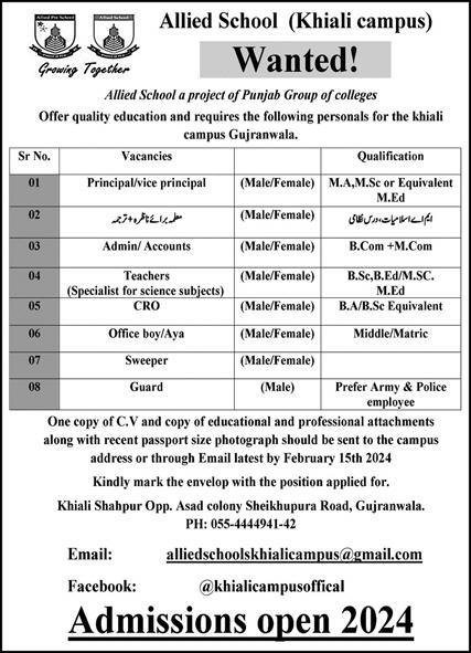 Allied School Khiali Campus Gujranwala Jobs 2024 – Allied School System Jobs 2024 — original advertisement