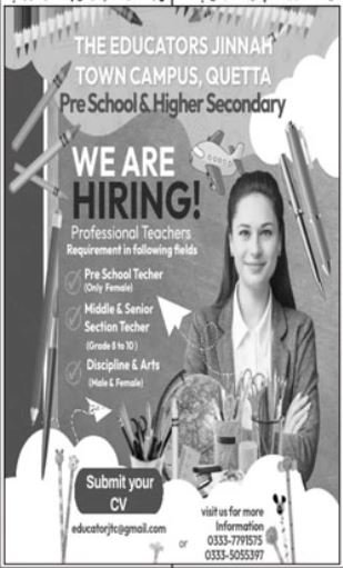 The Educators Jinnah Town Campus Quetta Jobs 2024 – The Educator School Quetta Jobs 2024 — original advertisement