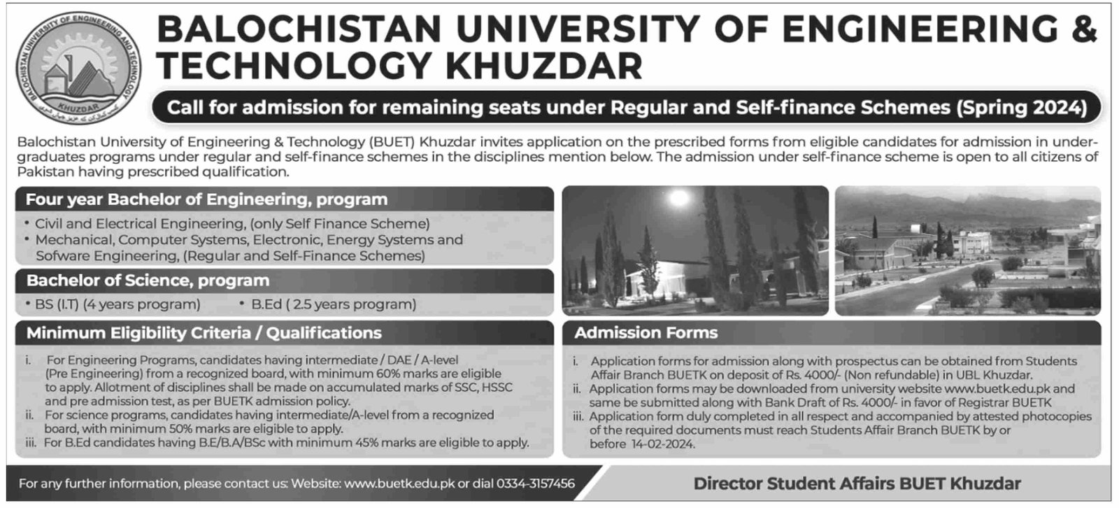 Admissions open BUET KHUZDAR Remaining Seats – Balochistan University of Engineering and Technology BUETK Khuzdar Admissions 2024 — original advertisement