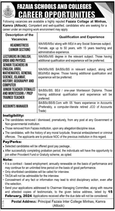 Fazaia Schools & Colleges Attock punjab Jobs 2024 Jobs 2024 — original advertisement