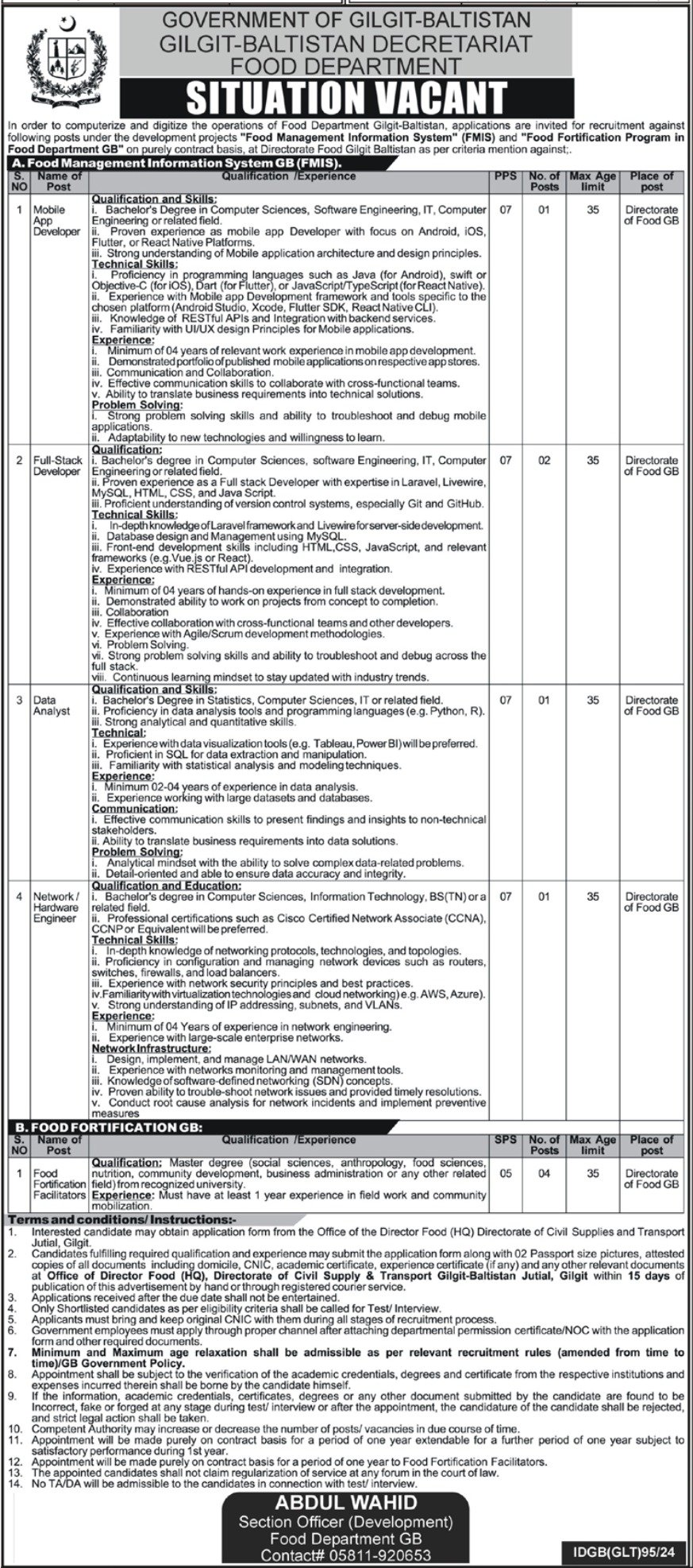 Gilgit Baltistan Directorate Food Department Jobs 2024 – Government of Gilgit-Baltistan Jobs 2024 — original advertisement