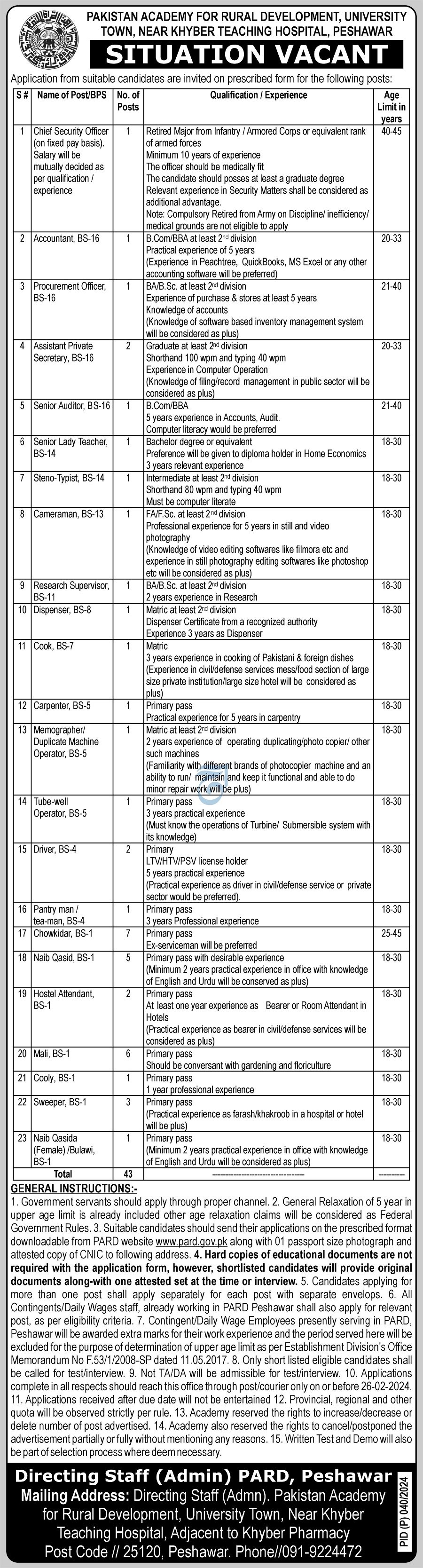 Pakistan Academy For Rural Development Peshawar Jobs 2024 Jobs 2024 — original advertisement