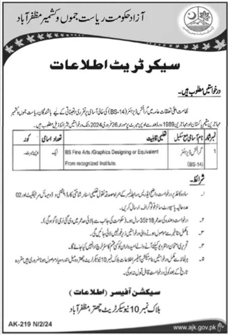 Directorate Of Public Relations Graphics Designer Jobs 2024 – Govt of Azad Kashmir Jobs 2024 — original advertisement