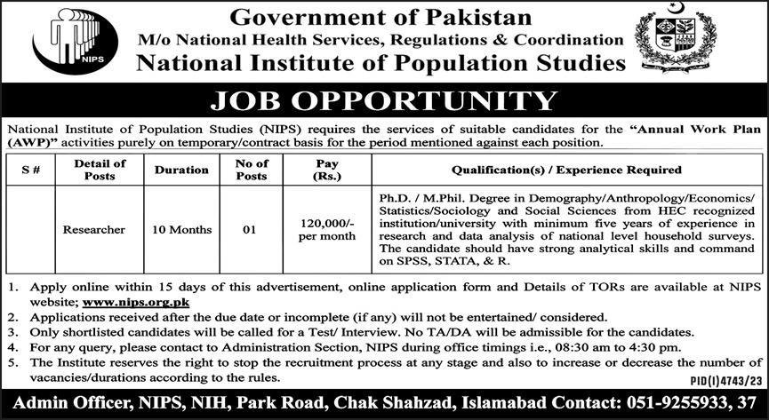 National Institute Of Population Studies NIPS  Isb Jobs 2024 – National Institute Of Population Studies Islamabad Jobs 2024 — original advertisement