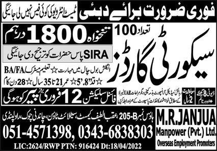 Security Guard Jobs 2024 In Dubai – MR Janjua Manpower Pvt Limited Jobs 2024 — original advertisement