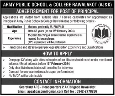 Army Public School & College APS&C Rawalakot Jobs 2024 – Army Public School & College Paksitan Jobs 2024 — original advertisement