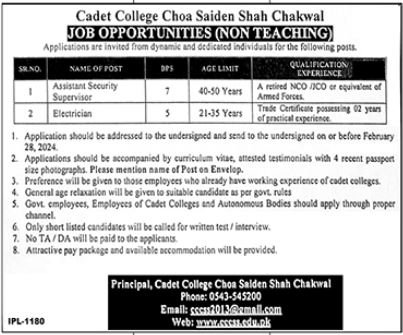 Cadet College Choa Saiden Shah Chakwal Punjab Jobs 2024 Jobs 2024 — original advertisement