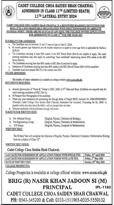 Admissions Cadet College Choa Saiden Shah Chakwal Punjab Admissions 2024 — original advertisement