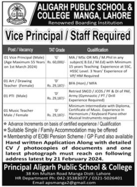Aligarh Public School And College Manga Lahore Jobs 2024 – Alighar Public School & College Jobs 2024 — original advertisement