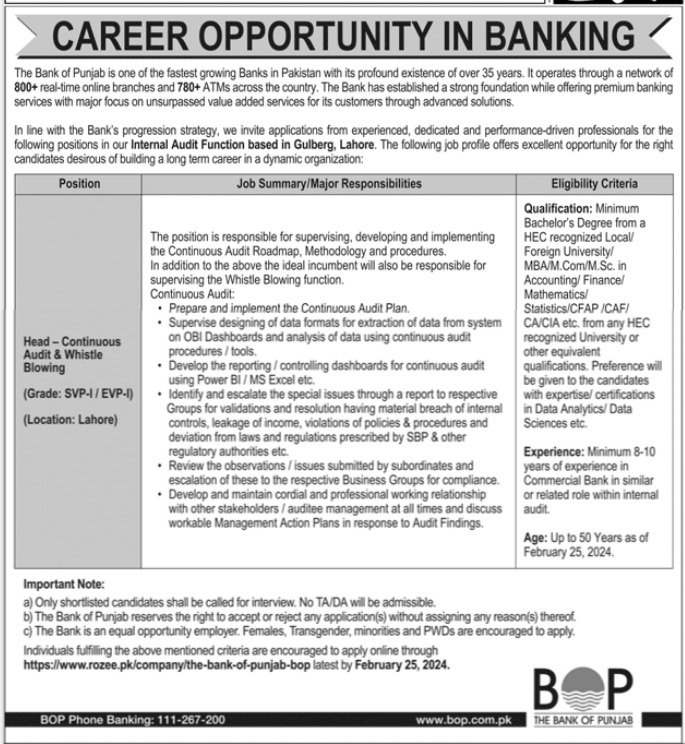Bank Of Punjab BOP Jobs 2024 Jobs 2024 — original advertisement