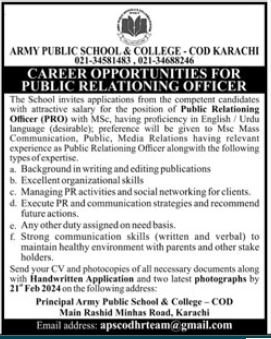 Army Public School And College Karachi Sindh Jobs 2024 – Army Public School & College Paksitan Jobs 2024 — original advertisement