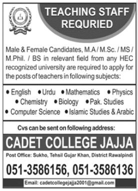 Cadet College Jajja Rawalpindi Jobs 2024 Jobs 2024 — original advertisement